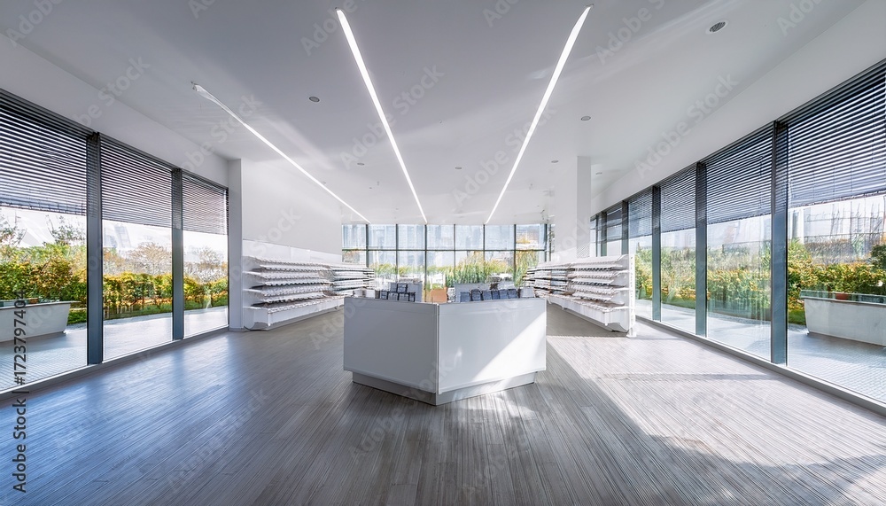 Obraz premium minimalist store interior with white shelves products and large windows