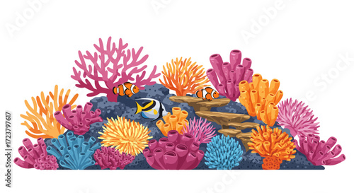 Vibrant Coral Reef Scene with Clownfish and Angelfish Illustration.