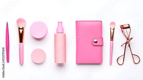 Flat lay of pink makeup tools and accessories for beauty and skincare routine on white background