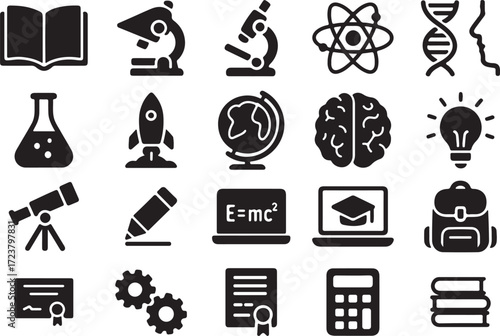 Education and Science Glyph Icon Set Solid Vector Icons for School, Learning, Research, Technology, Innovation, and Knowledge