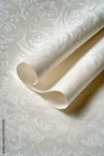 Elegant off-white damask fabric with a subtle floral pattern rolled gracefully on a textured surface.