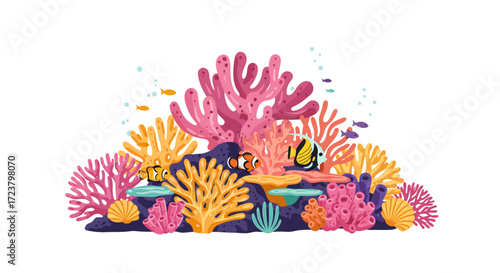 Colorful Coral Reef Scene with Fish and Shells.