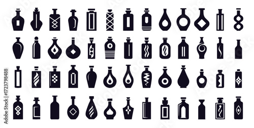 Alcohol bottle silhouette logo icons set. Wine, beer, whiskey, vodka, rum and liquor beverage symbols, bar and pub vector design
