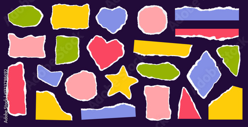 Torn colorful paper pieces set. Frames with ripped edges, ragged scrapbook notes for collage, abstract shapes and grunge textured scraps vector design