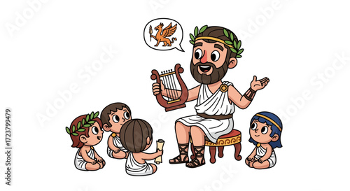 Ancient greek tutor captivating his students with tales accompanied by the music of his lyre