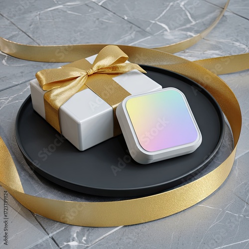 Elegant gift box with golden ribbon and modern holographic tech gadget.