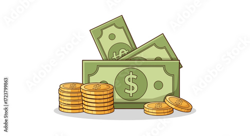 Cartoon illustration depicting wealth accumulation with paper currency and coin stacks design