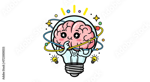 Cartoon representation of a brain inside a light bulb with decorative elements around it