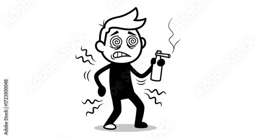 Cartoon stick figure experiences dizziness after inhaling spray air freshener fumes indoors