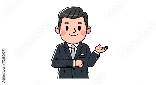 Charming cartoon businessman gesturing with open hand showcasing a presentation concept