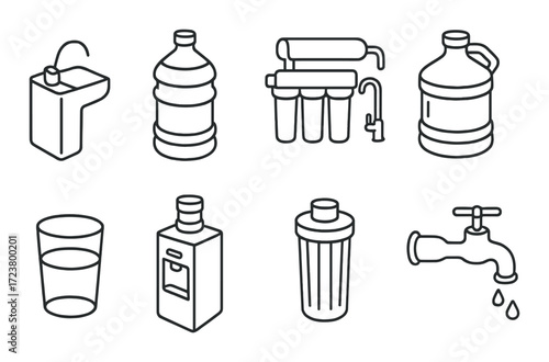 Collection of water filtration icons depicting filters, faucets, and bottles on gradient background