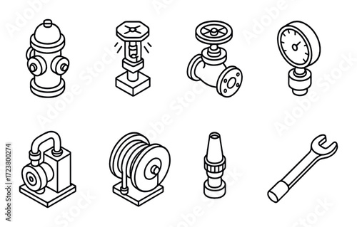 Fire safety tools: hydrant, hose, nozzle, gauge, valve, pump, wrench icons