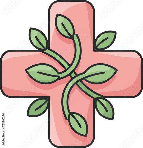 Vector art of herbal medicine cross with leaves for healthcare concept on a transparent background