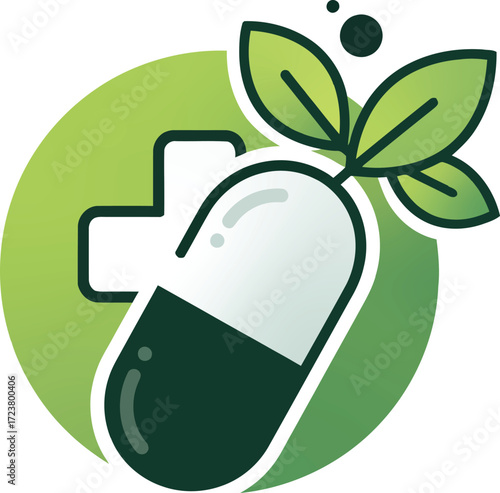 Vector art of herbal medicine capsule logo design with leaves on a transparent background
