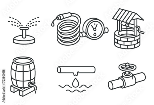 Black and white water system icons featuring well, tap, hose, sprinkler, barrel, pipe