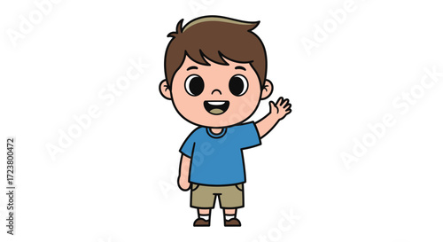 Cheerful cartoon boy waving hand with a warm greeting on a pristine white background