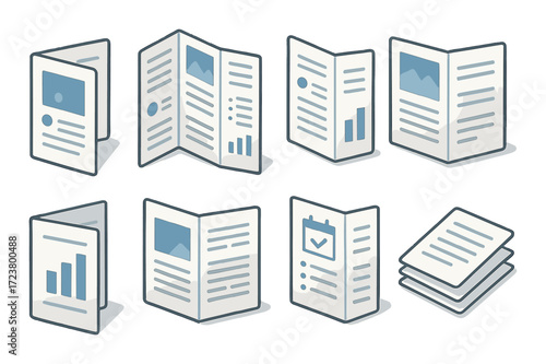 Folded brochure set with diagrams and text illustrations in minimalistic design