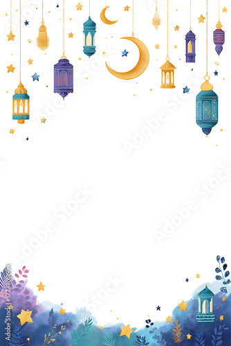 Colorful lanterns and crescent moon adorn a festive background, creating a whimsical atmosphere