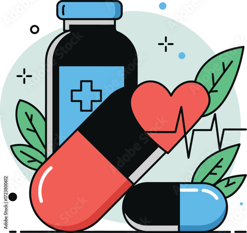 Vector art of medical pills and bottle with heart rate on a transparent background