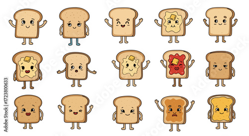 Collection of charming cartoon toast characters expressing various emotions and toppings