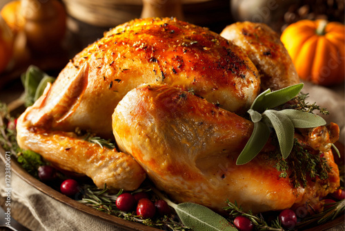 A turkey roasted dick with golden and crispy brown skin, decorated with autumn-themed elements such as sage leaves, fresh cranberry and small pumpkin.
