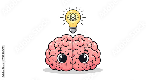 Conceptual illustration of a cute brain with an idea presented as a lightbulb above it