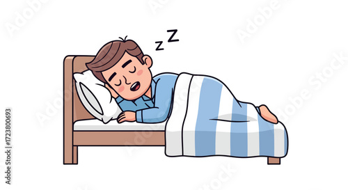 Cozy slumber depiction of a cartoon man peacefully drifting into dreamland with restful sleep