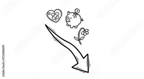 Declining prosperity: downward trend arrow highlighting health, savings and nature concern