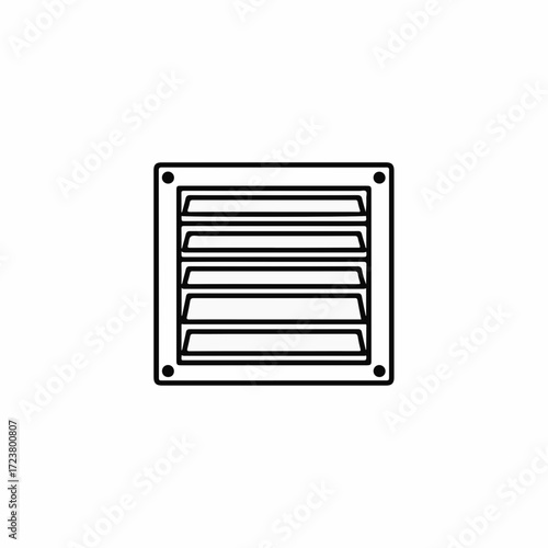 Square vent shown in simple line drawing, air vent with slats and four screws. Duct vent provides ventilation and fresh air circulation in room.