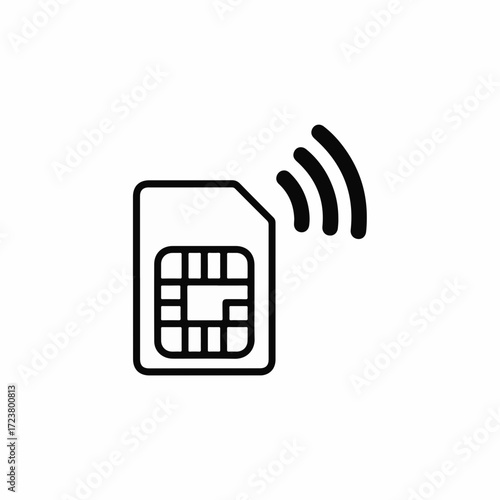 Sim card illustration with wireless signal for communication needs, Sim card features detailed chip and transmission waves, showing connectivity, data transfer, and accessibility.