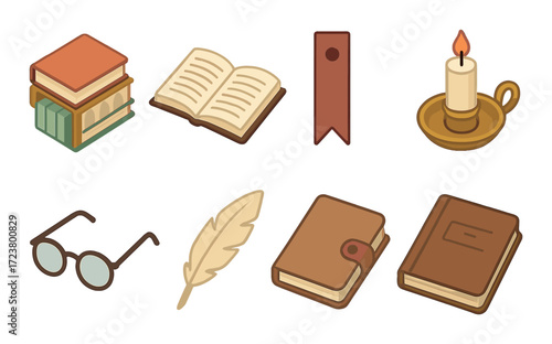 Vintage reading icons with books, candle, feather, and glasses on warm background