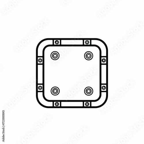 Square manhole cover with rounded corners in black and white illustrates urban utilities. Manhole cover design has four bolts and rounded edges, making it an industrial yet understated item.