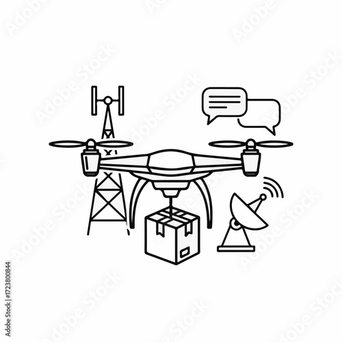 Modern drone delivery system with antennas and speech bubbles. Drone delivery of package using urban communication networks includes mobile tower and satellite dish, with box delivery.