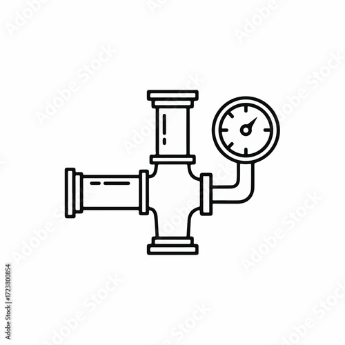 Plumbing system illustration showing pipes and gauge in monochrome, clean design. Plumbing system consists of tubes, fittings, and pressure gauge to control liquid distribution in buildings.