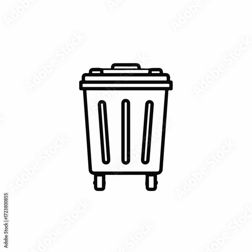 Line drawing of trash can isolated on white background shows disposal bin with attached lid and small wheels. Trash can is a simple icon, perfect for illustrations about waste removal, sanitation,