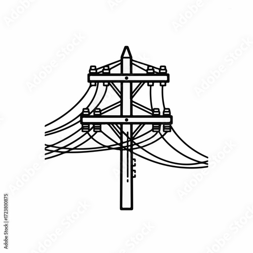 Electrical transmission line illustration in black and white, featuring power lines connected to wooden pole. Power lines deliver electricity for urban infrastructure and residential distribution.