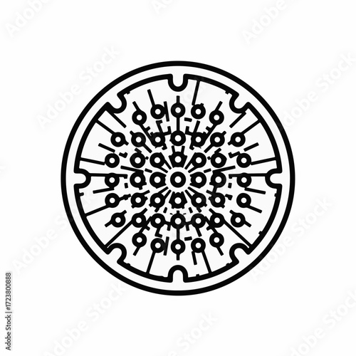 Artistic manhole cover design featuring circular pattern of dots and lines, manhole cover is shown on white backdrop, adding contrast.