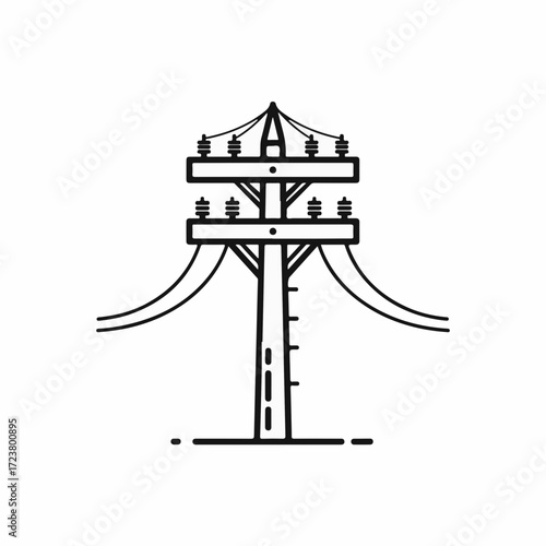 Minimalist image shows Power line support with wires on white backdrop. Power line shows structured cable system and insulators on pole. Graphic design style power line for urban communications use.