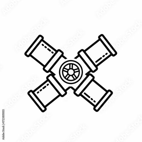 Plumbing pipes outline icon featuring cross junction, valves, and connecting segments. Plumbing pipes illustrate water supply systems, sewage systems, or central heating networks.