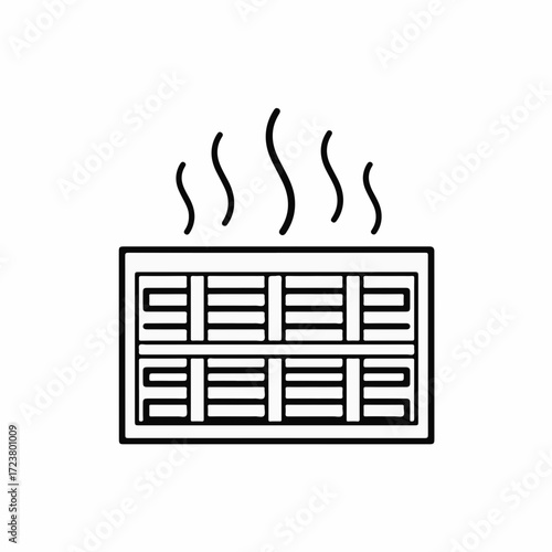 Sewage smell icon showing a drain with odor fumes, drawn with a thin line. The sewage smell is an issue for many households, and this simple graphic represents problem solving and repair.