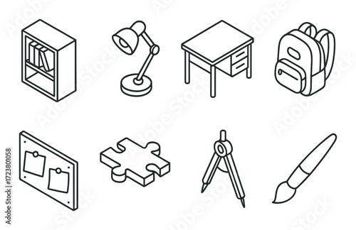 Isometric icons of office supplies and school essentials on gradient background