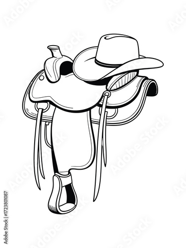 Western cowboy hat resting on a detailed saddle