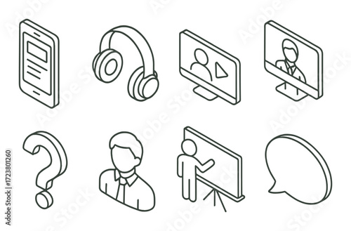 Line art icons of smartphone, headphones, video call, presentation, and chat bubble