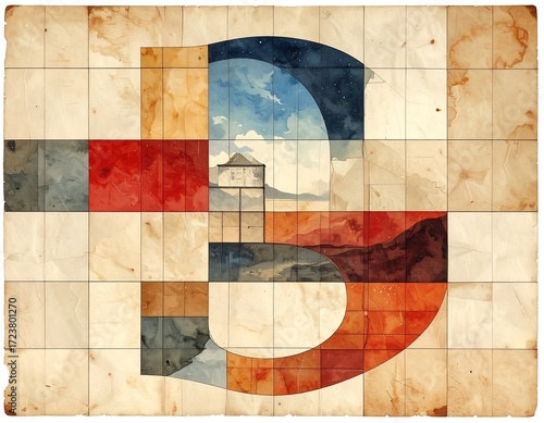 Abstract letter form with layered landscape