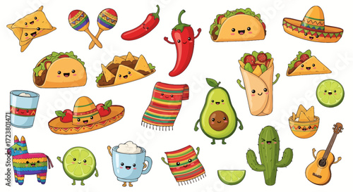 Delightful assortment of adorable cartoon mexican food elements and traditional items seamless
