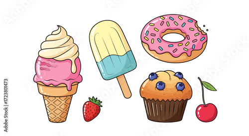 Delightful cartoon array of sweet treats with ice cream, donut, and fruity additions