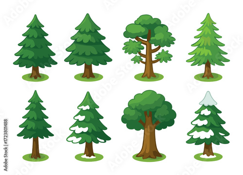Cartoon evergreen trees set on gradient green background