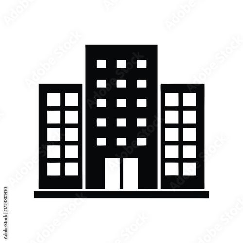 Black and White Office Building Icon on White Background