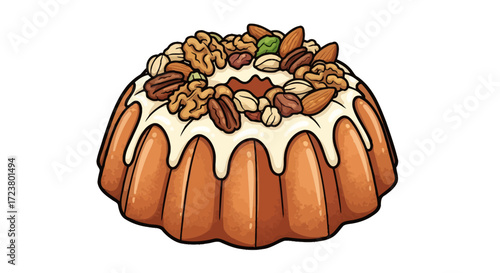 Delightful bundt cake with creamy frosting and a lavish assortment of nuts garnish