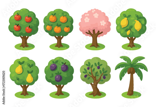 Colorful cartoon fruit trees on a green background: apples, oranges, cherries, pears, plums, palm